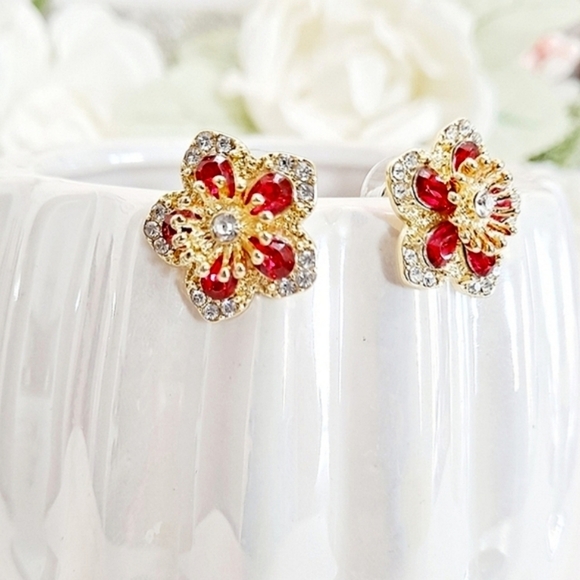 💖 2/$30 Womens boho Floral Rhinestone red gold elegant Stud cocktail Earrings - Picture 8 of 15